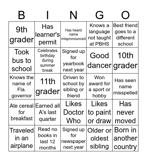 Get to know your class Bingo Card