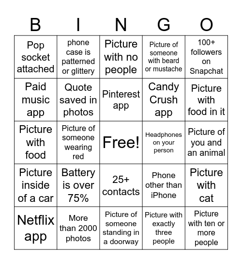 Cell Phone Bingo Card