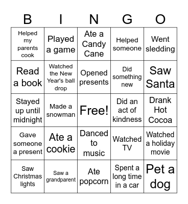 Winter Break Bingo! Bingo Card