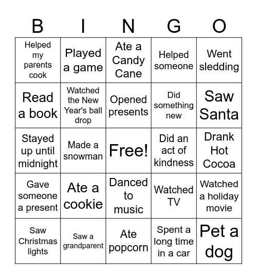 Winter Break Bingo! Bingo Card