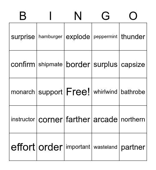 P4R 2 Challenge Words Bingo Card