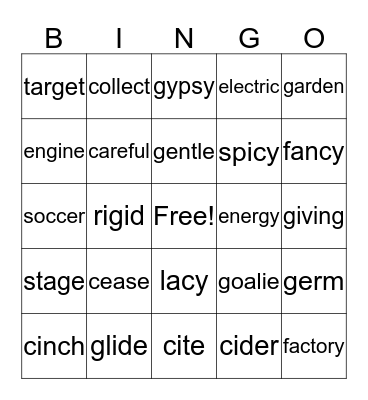 Sounds for C and G Bingo Card