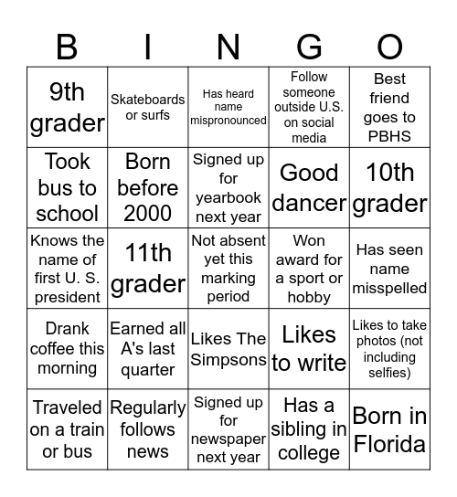 Get to know your class Bingo Card