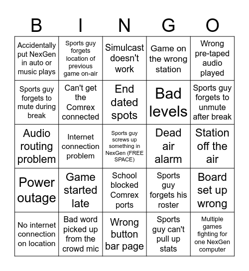 Radio Sports Broadcast Problems Bingo Card