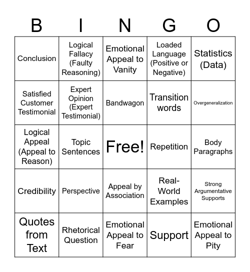 Argument and Persuasion Review Bingo Card