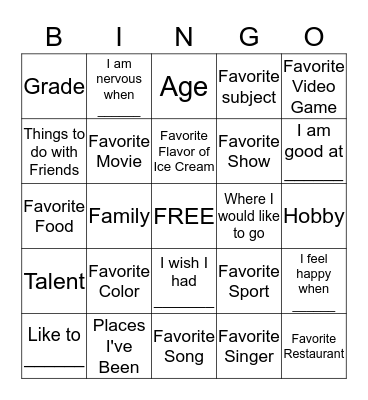 All About Me Bingo Card