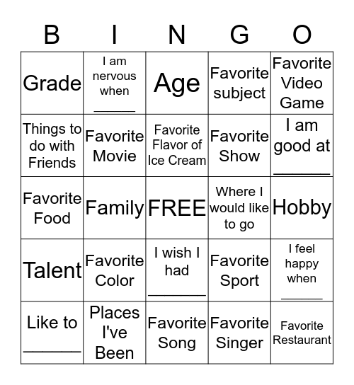 All About Me Bingo Card