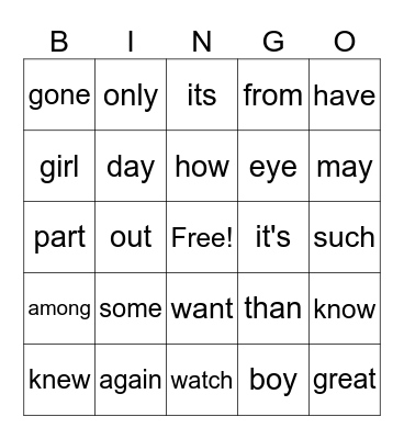 Red Words Stage 2 Bingo Card