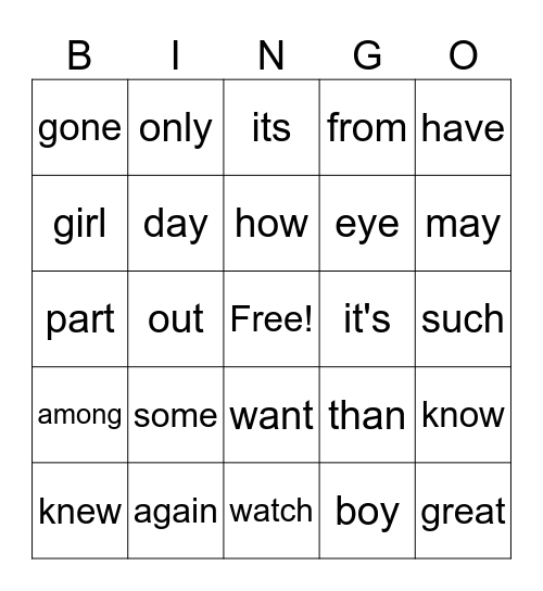 Red Words Stage 2 Bingo Card