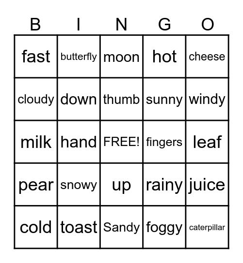 Weather, Food, and Opposites Bingo Card