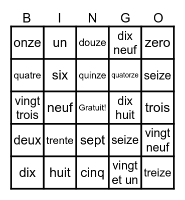 French numbers 1-30 Bingo Card