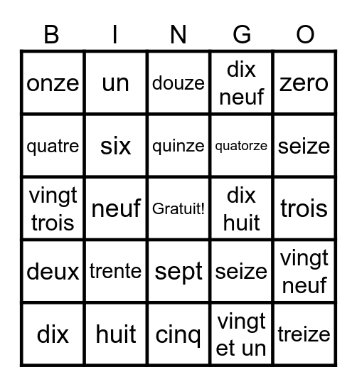 French numbers 1-30 Bingo Card