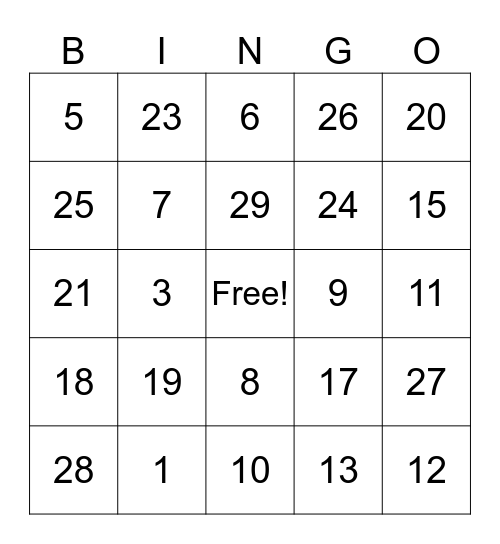 French Numbers Bingo Card