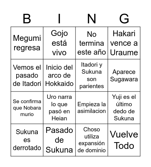 Jujutsu Kaisen 2024 Bingo Card