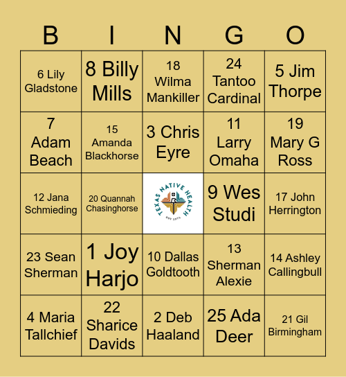 TNH BINGO-FAMOUS NATIVES! Bingo Card