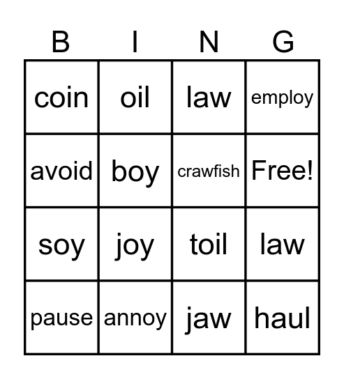 Vowel Pair Syllables Bingo Card