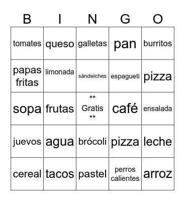 Spanish Grade 8 food Bingo Card
