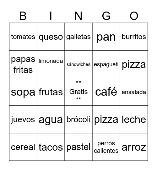 Spanish Grade 8 food Bingo Card