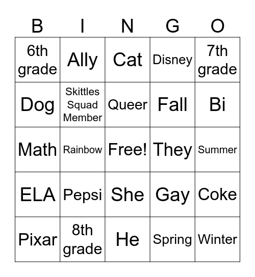 Skittles Squad Bingo Card