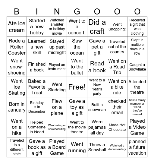 Winter Break Bingo Card