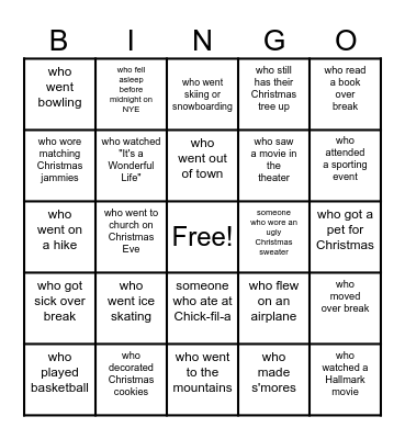 Christmas Break Bingo Card