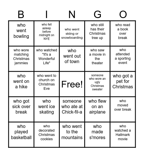 Christmas Break Bingo Card