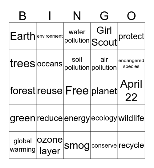 Girl Scout Earth Day Bingo Card