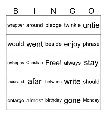 Spelling List #17 2nd Grade Bingo Card
