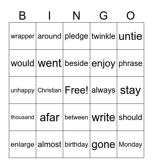 Spelling List #17 2nd Grade Bingo Card