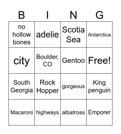 Penguins Bingo Card