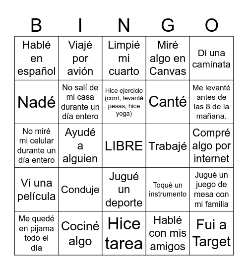 Después de las vacaciones Bingo Card