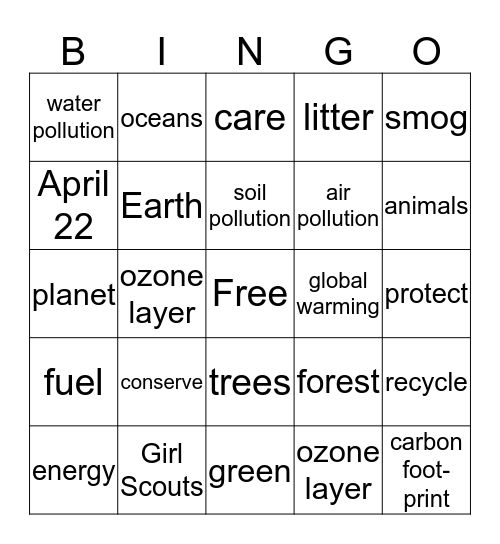 Girl Scout Earth Day Bingo Card