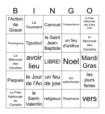 T'es branche?  book 2 unit 1 lesson A Bingo Card