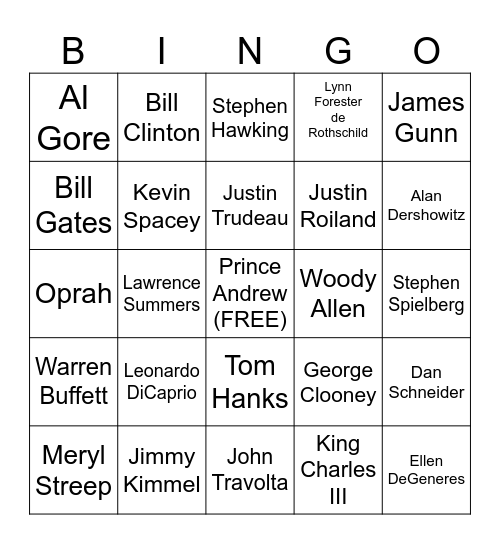 Epstein List Bingo Card