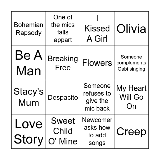 Karaoke Bingo Card