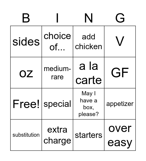 Menu Vocabulary Bingo Card