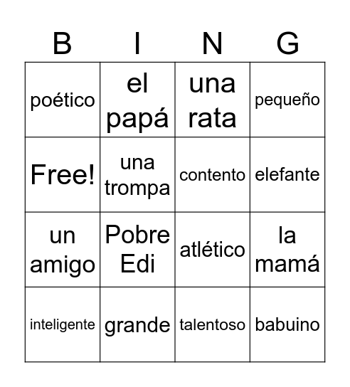 Edi el elefante Ch. 1 and 2 Bingo Card