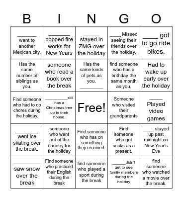 Christmas Break Bingo Card