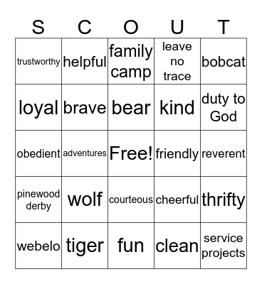Cub Scout Bingo Card
