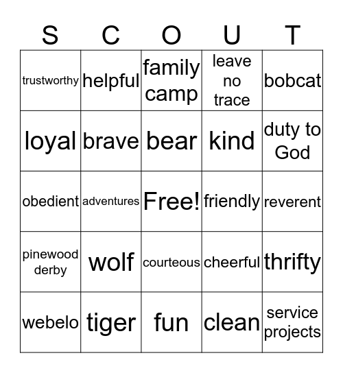Cub Scout Bingo Card