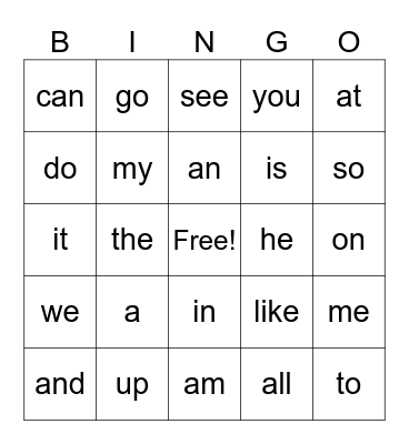 K sight words Bingo Card