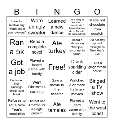 Andersen Christmas Break Bingo Card