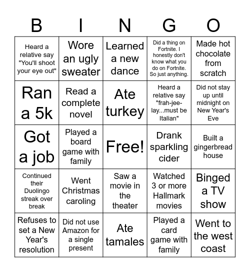 Andersen Christmas Break Bingo Card