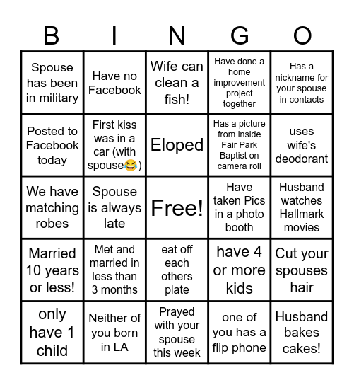 Marriage Retreat 2021 Bingo Card