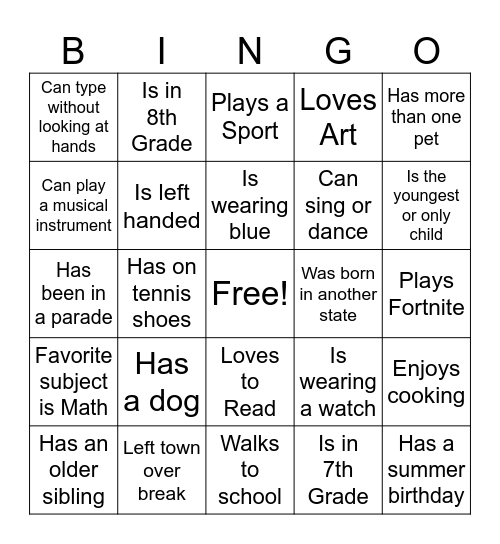 1st Day of School Bingo Card