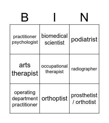 Health professions Bingo Card