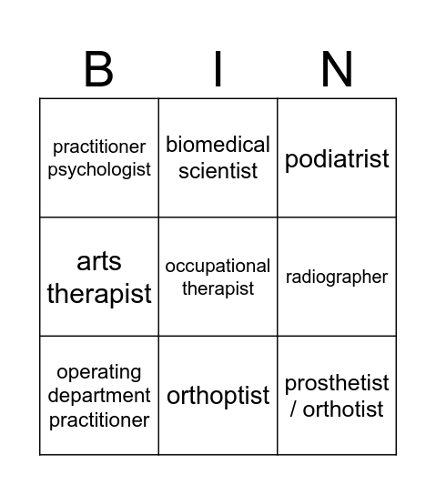 Health professions Bingo Card