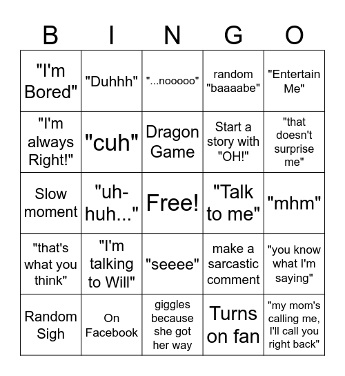 Guess What Hannah Will Do Bingo Card