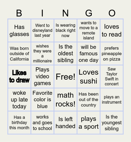 Intro-Math Game Bingo Card
