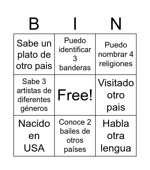 Cultural Bingo Card